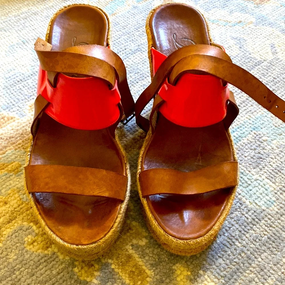 Delman wedges. Orange strap, woven platform. Extremely comfortable. Size 6.5 - Picture 2 of 4